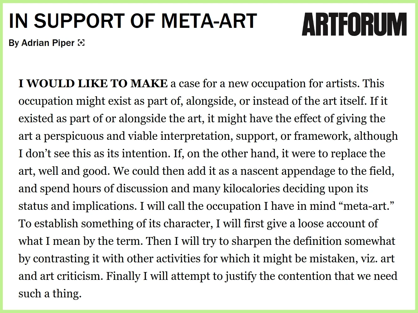 L’idée de méta-art : Adrian Piper, 1973